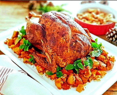Roast Turkey with Pan Gravy served with Chestnuts and Chorizo Cornbread Stuffing or Traditional Saffron Paella - Chef Laudico OK Cafe 